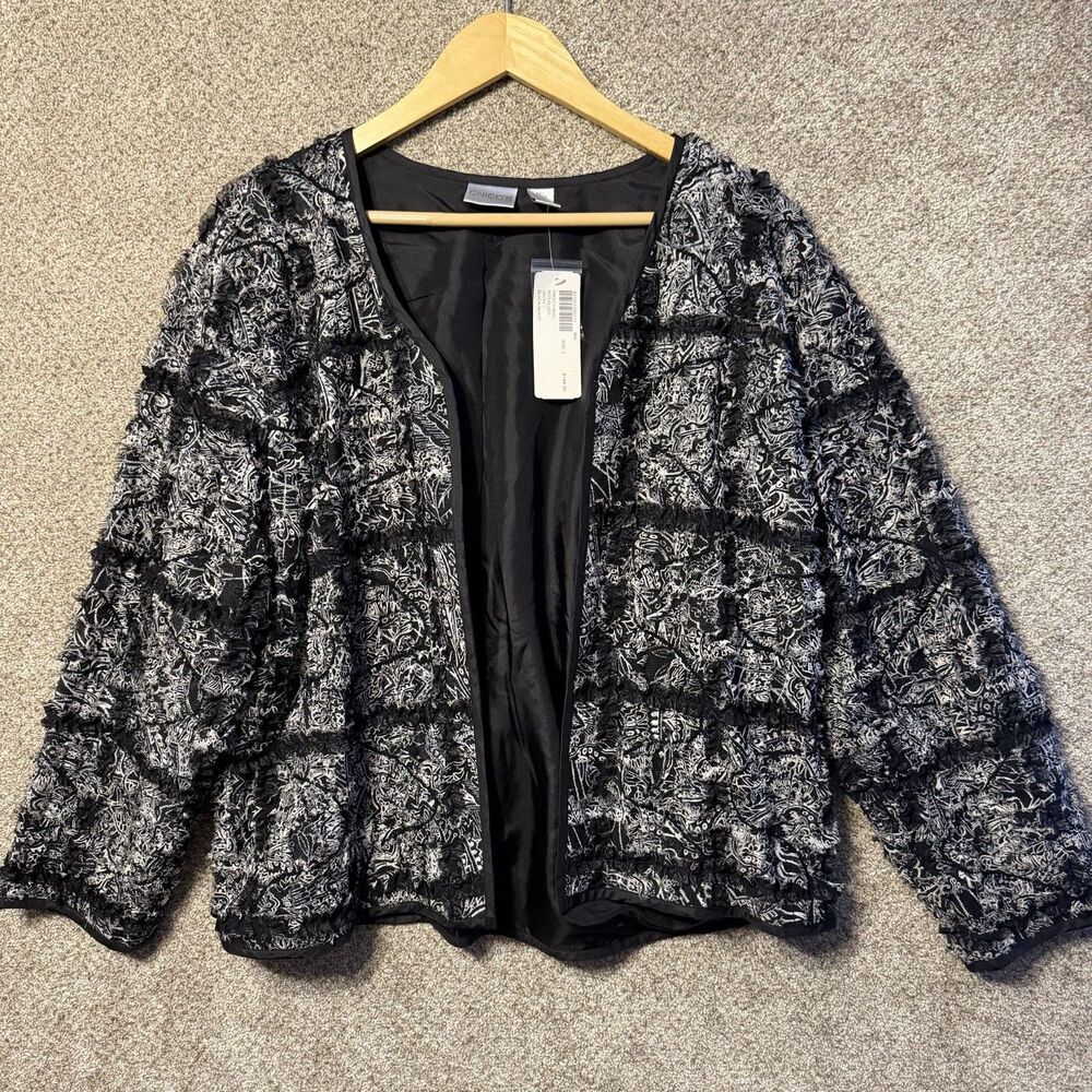 Vintage Chicos 3 Womens Jacket Cardigan Sz XL Silk Open Front Sequins Evening